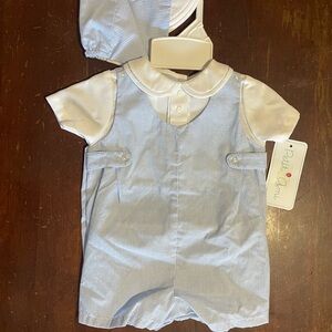 NWT Petit Ami Boys Blue Gingham Romper Hat Baby Jon Jon Newborn NB